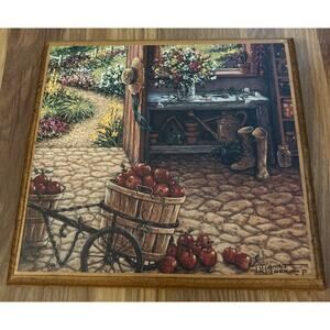 Janet Kruskamp Signed Gardening Room Apples Wall Hanging Print On Wood Plaque